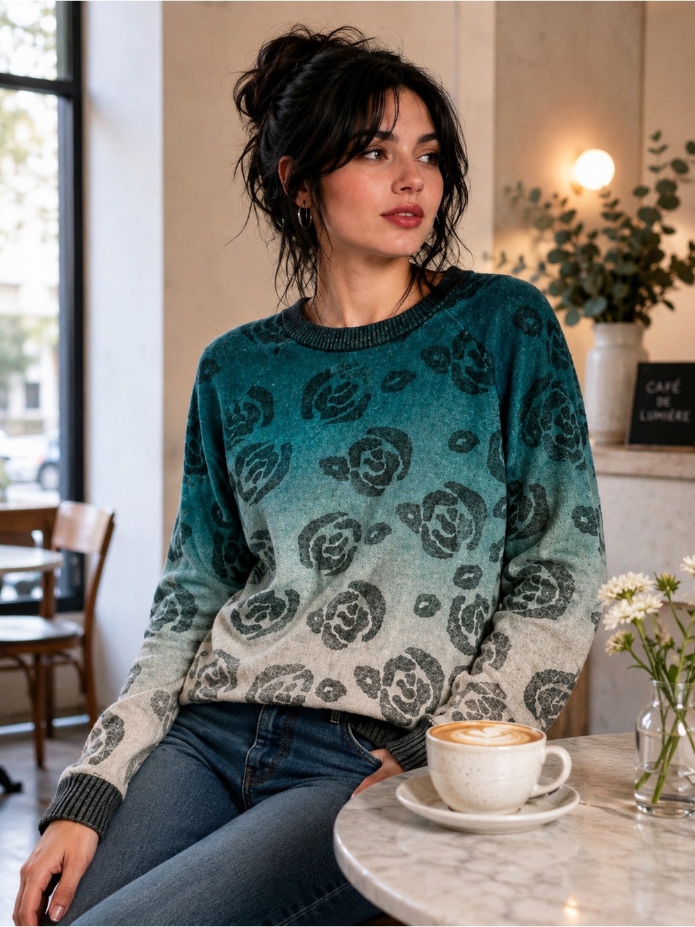 Kinross Cashmere Dip Dyed Blue Rose Print Crew neck Sweater Womens Sz M
